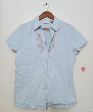 Vintage Jaclyn Smith Embroidered V-Neck Linen Blend Womens Button Up Blouse SZ L